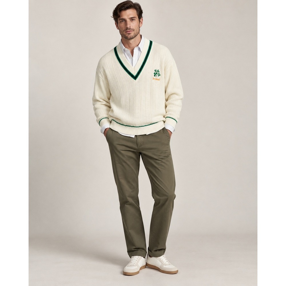 Vintage Ireland Cricket Sweater XXL Ivory Green V Neck Irish Preppy Grandpa